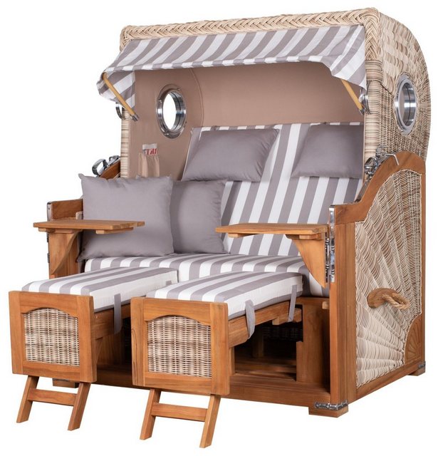 Bild von bene living Strandkorb Ammersee Grande XL Teak - PE shell - Modell 513, BxTxH: 142x95x165 cm, Volllieger ca. 175 Grad, Ostsee-Strandkorb Komplettset, inkl. Liftersystem und Bullaugen