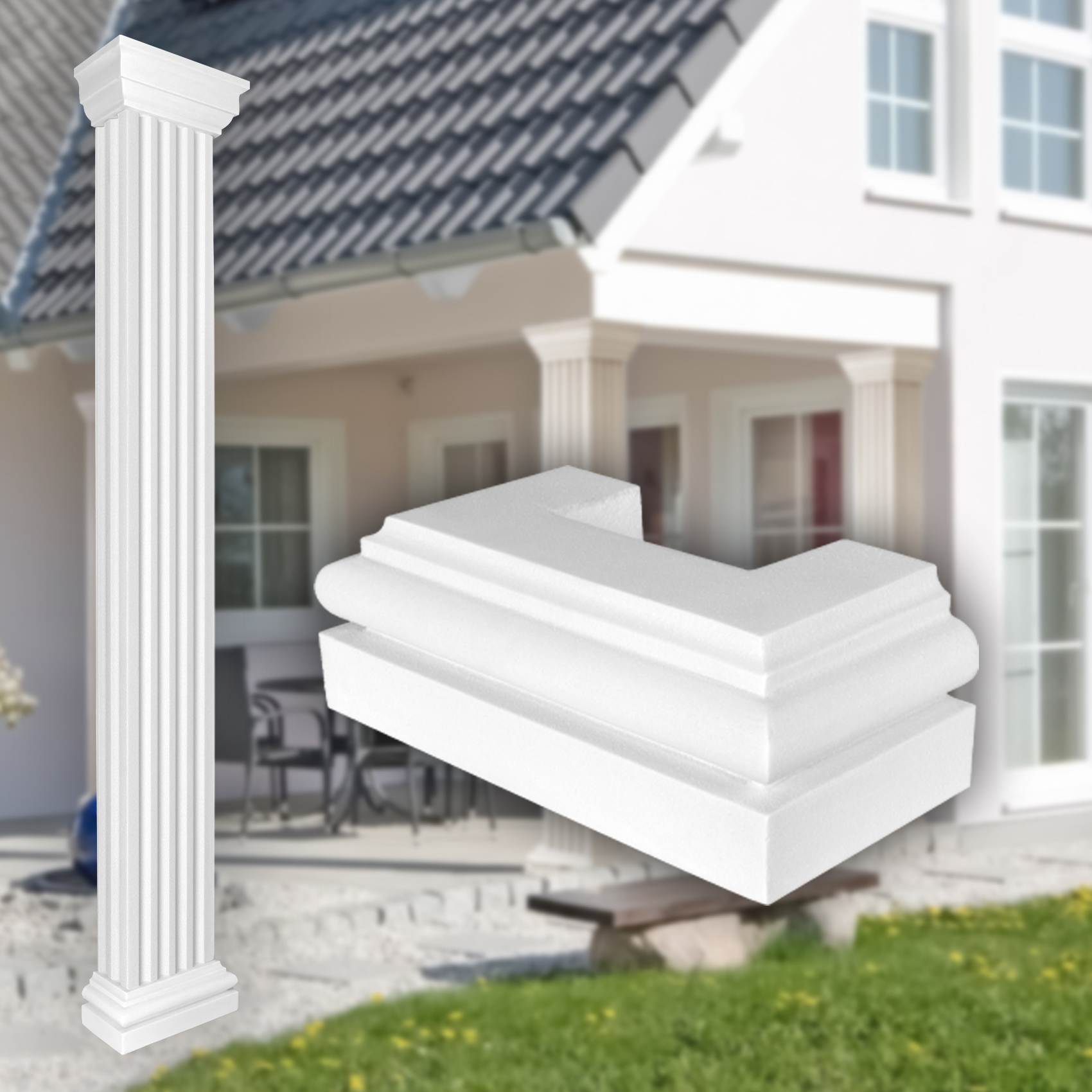 Bild von SÃ¤ulen und HalbsÃ¤ulen eckig voll kanneliert in 3 GrÃ¶Ãen, Fassadenstuck modern auÃen, Prestige Decor