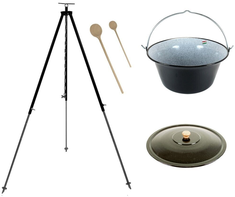 Bild von Grillplanet Holzkohlegrill Gulaschkessel 15 Liter Dreibein 180cm Deckel und 2 x Kochlöffel, Komplett Set