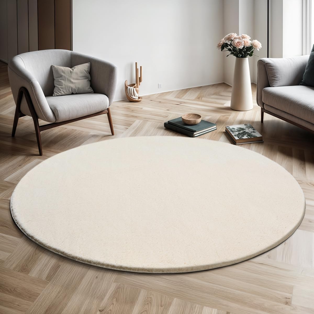 Bild von the carpet Relax Moderner Flauschiger Kurzflor Teppich, Anti-Rutsch Unterseite, Waschbar bis 30 Grad, Super Soft, Felloptik, Creme, 120 cm Rund