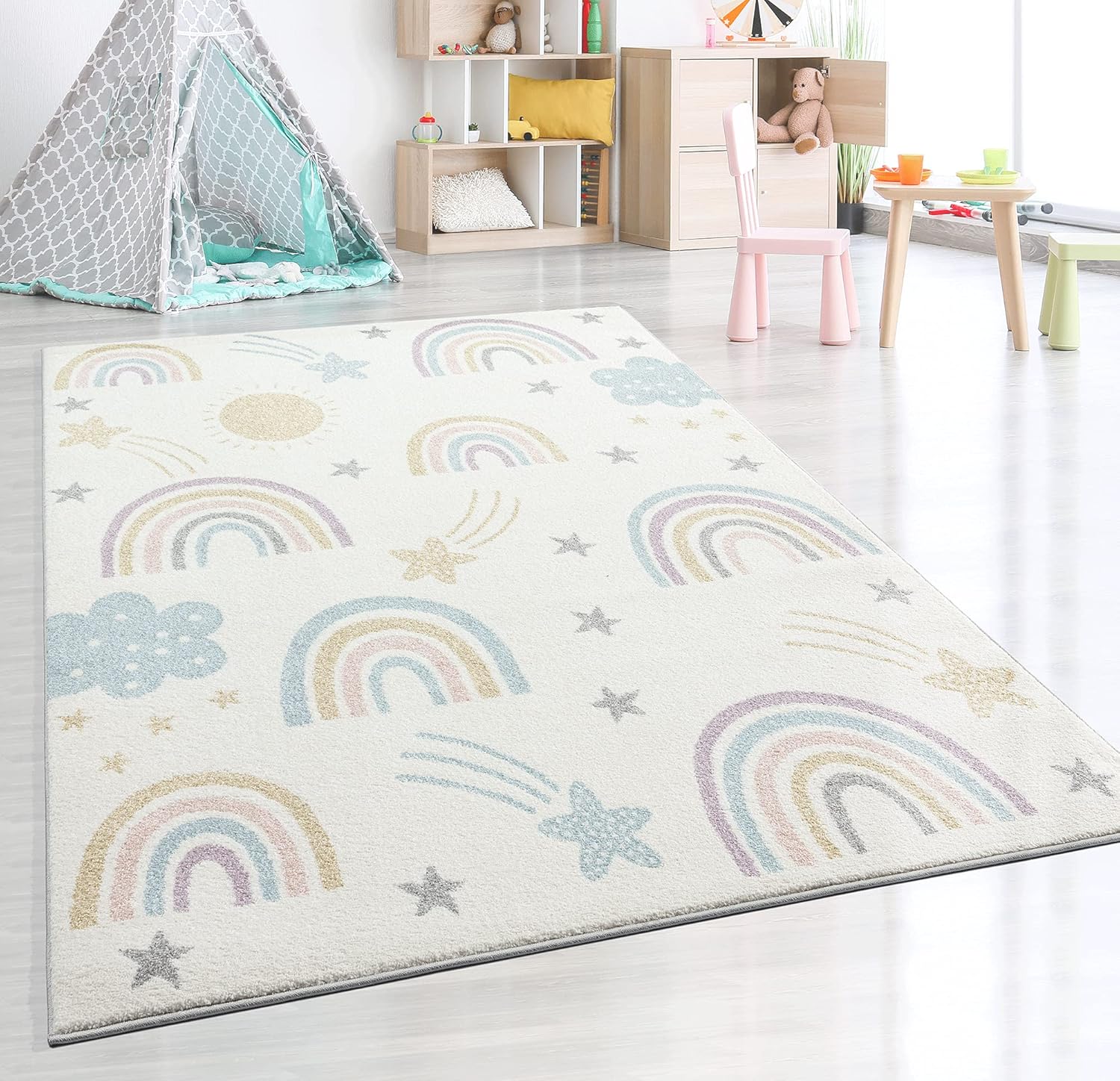 Bild von the carpet Beat Kids Moderner Weicher Kinderteppich, Weicher Flor, Pflegeleicht, Farbecht, Regenbogen Muster, Creme-Mix, 160 x 220 cm