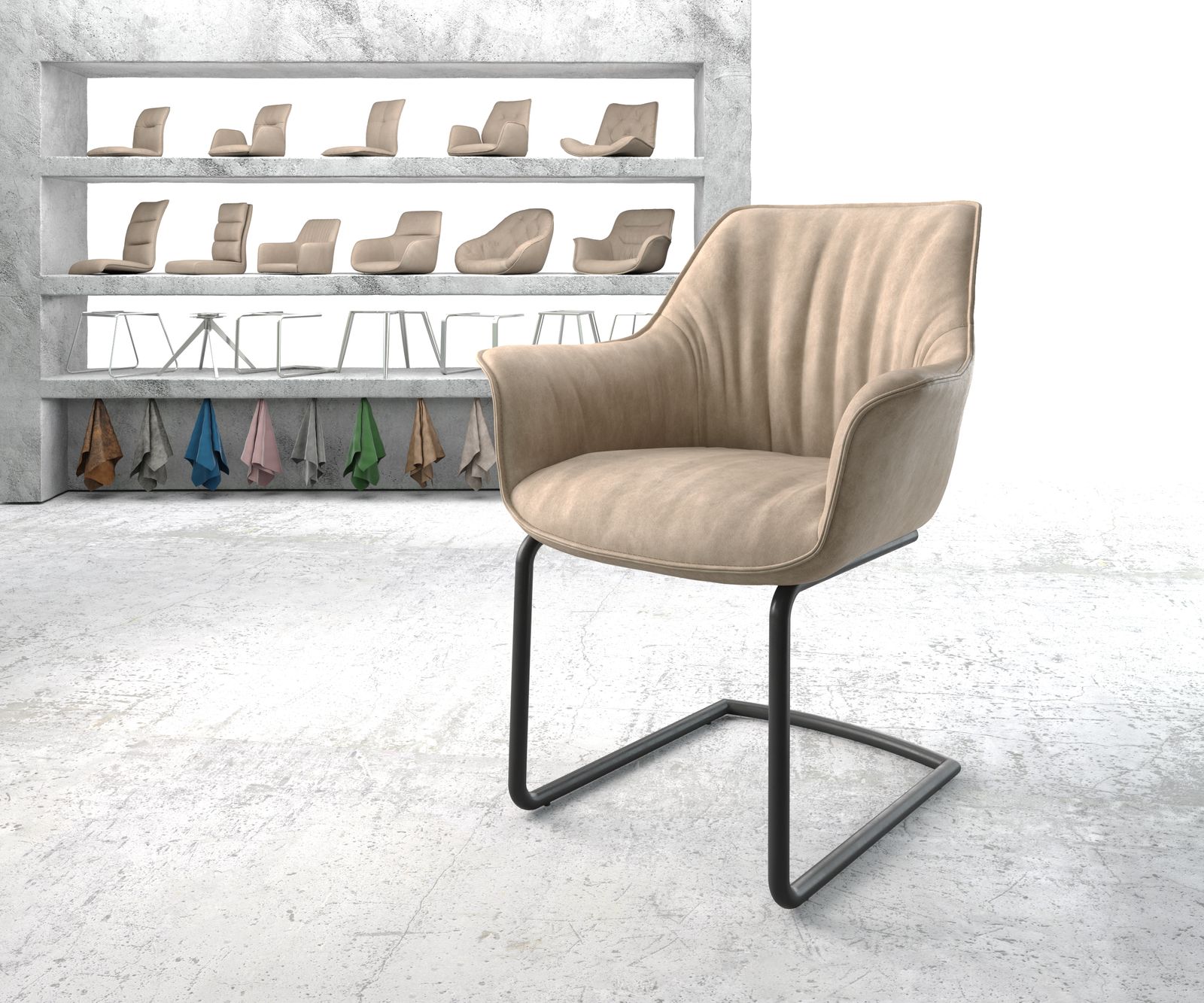 Bild von DELIFE Schwingstuhl Keila-Flex mit Armlehnen Beige Vintage Freischwinger rund Schwarz, Esszimmerstühle