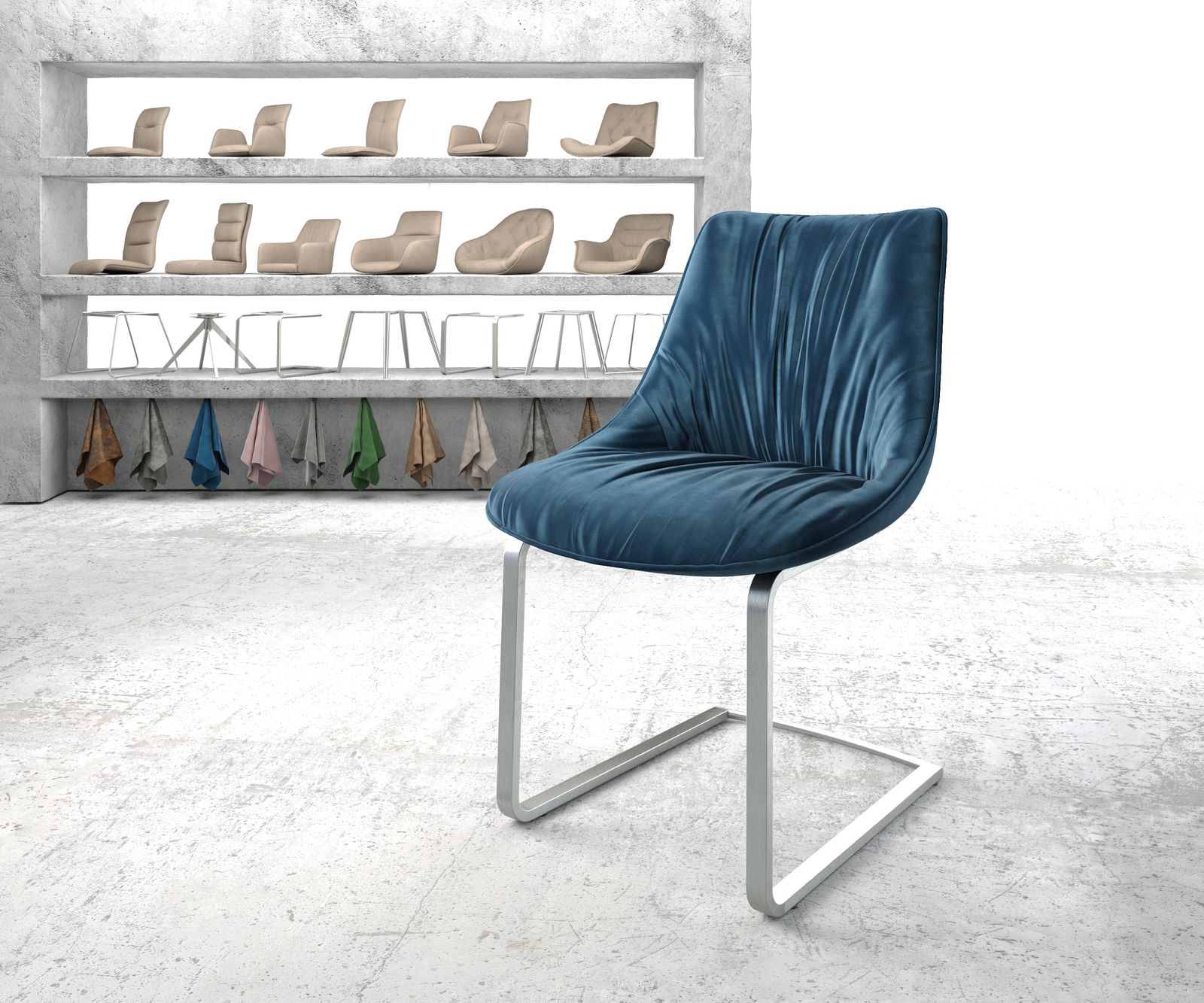 Bild von DELIFE Schwingstuhl Elda-Flex Samt Blau Freischwinger flach Edelstahl, Esszimmerstühle
