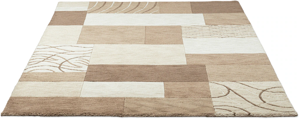 Bild von THEKO Wollteppich »Domas 4028«, rechteckig, 12 mm Höhe, Kurzflor, reine Wolle, handgeknüpft, modernes Patchwork Design