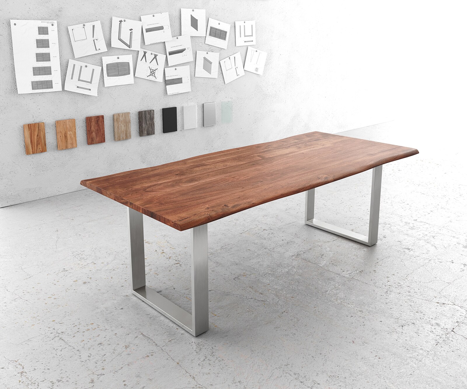 Bild von DELIFE Esstisch Edge 220x100cm Akazie Braun Edelstahl schmal Live-Edge, Esstische, Baumkantenmöbel, Massivholzmöbel, Massivholz