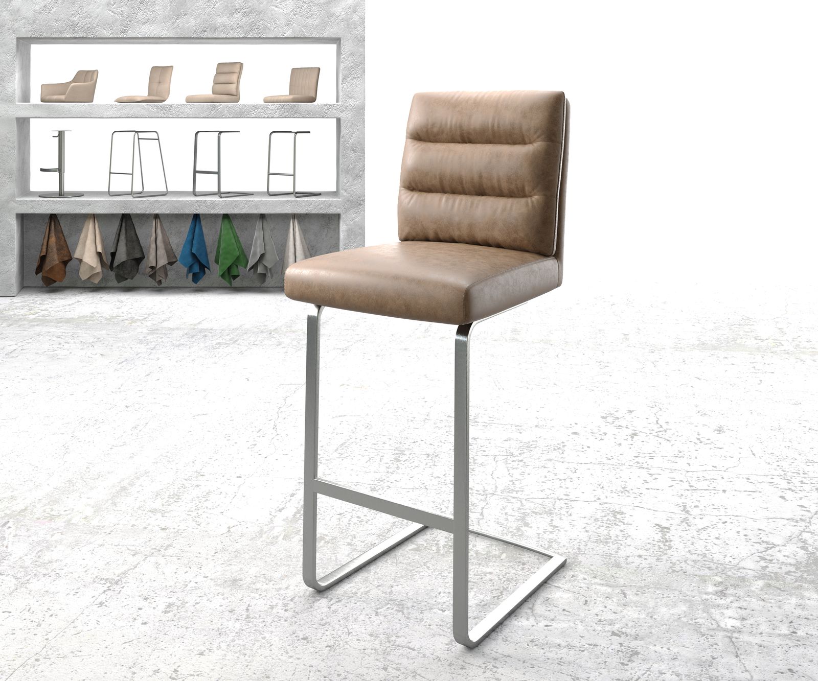 Bild von DELIFE Barstuhl Pela-Flex Braun Vintage Kunstleder Freischwinger flach Edelstahl, Barstühle