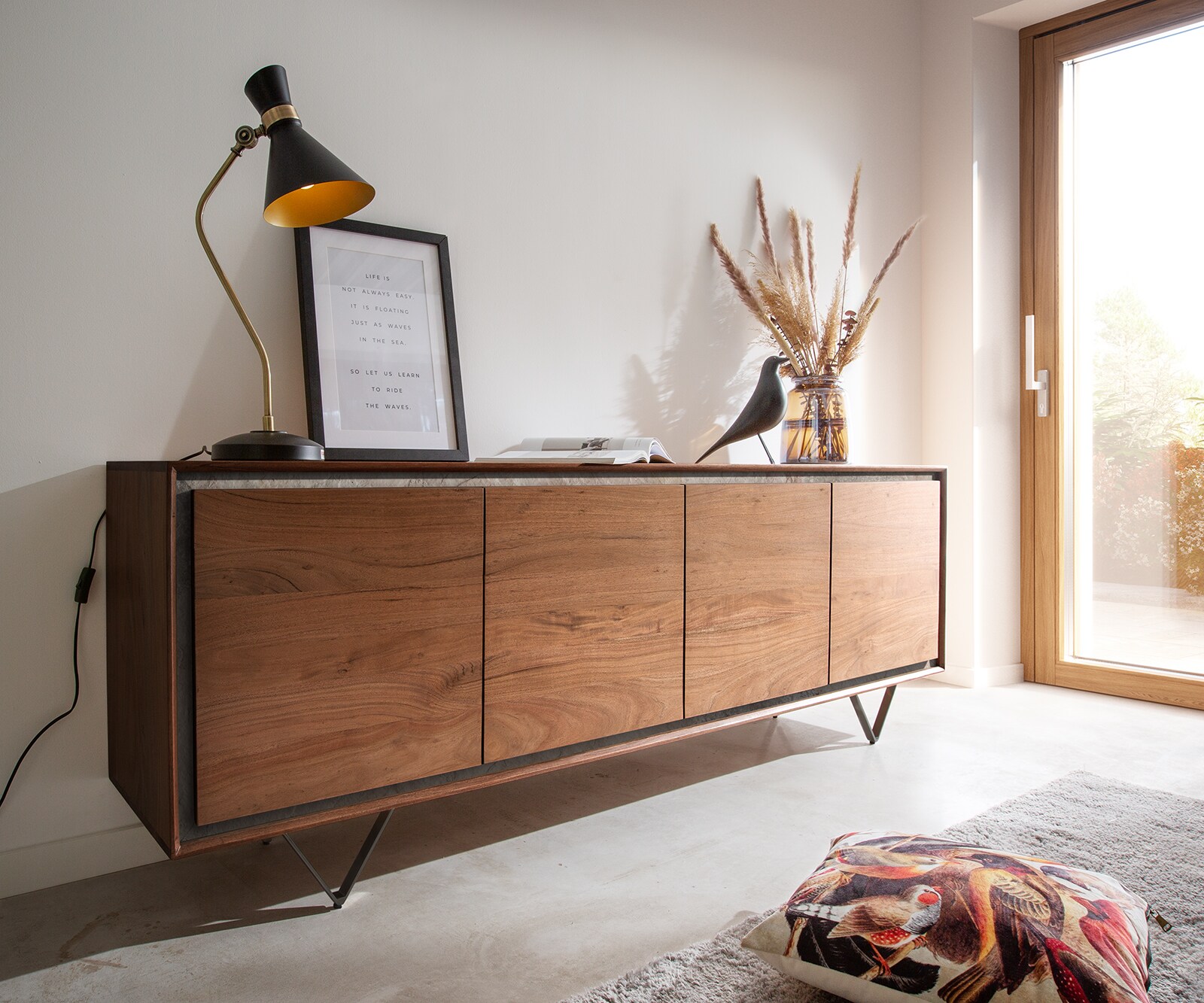 Bild von DELIFE Sideboard Stonegrace 200 cm Akazie Braun Steinfurnier 4 Türen V-Fuß Schwarz, Sideboards