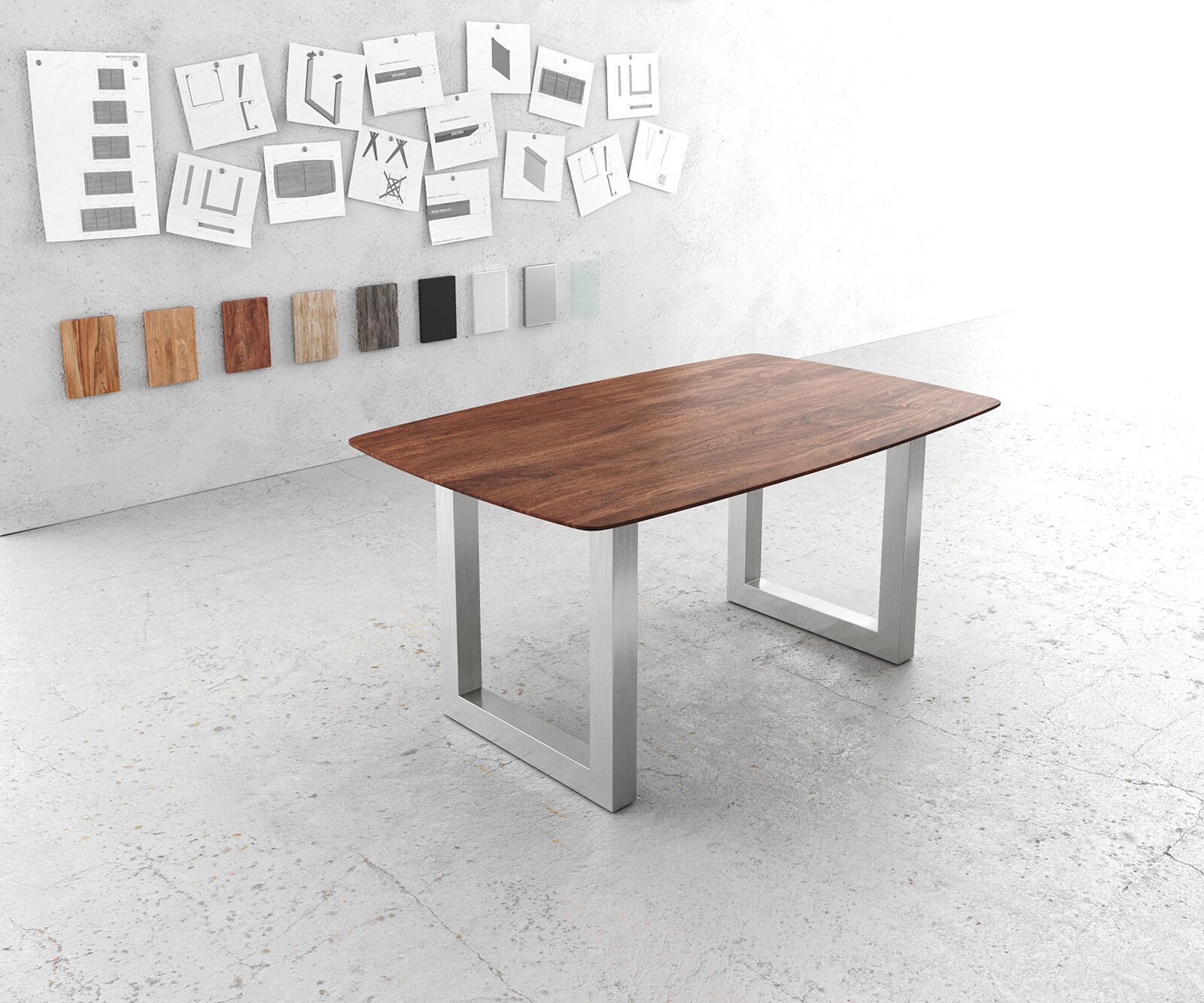 Bild von DELIFE Esszimmertisch Edge Boot Akazie Braun 160x90 Edelstahl Breit Schweizer Kante Esstisch
