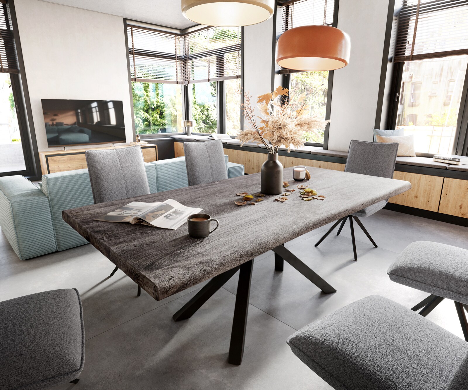 Bild von DELIFE Esstisch Edge 200x100 XL Akazie Platin Kreuzgestell Rechteck Schwarz Live-Edge, Esstische, Baumkantenmöbel, Massivholzmöbel, Massivholz