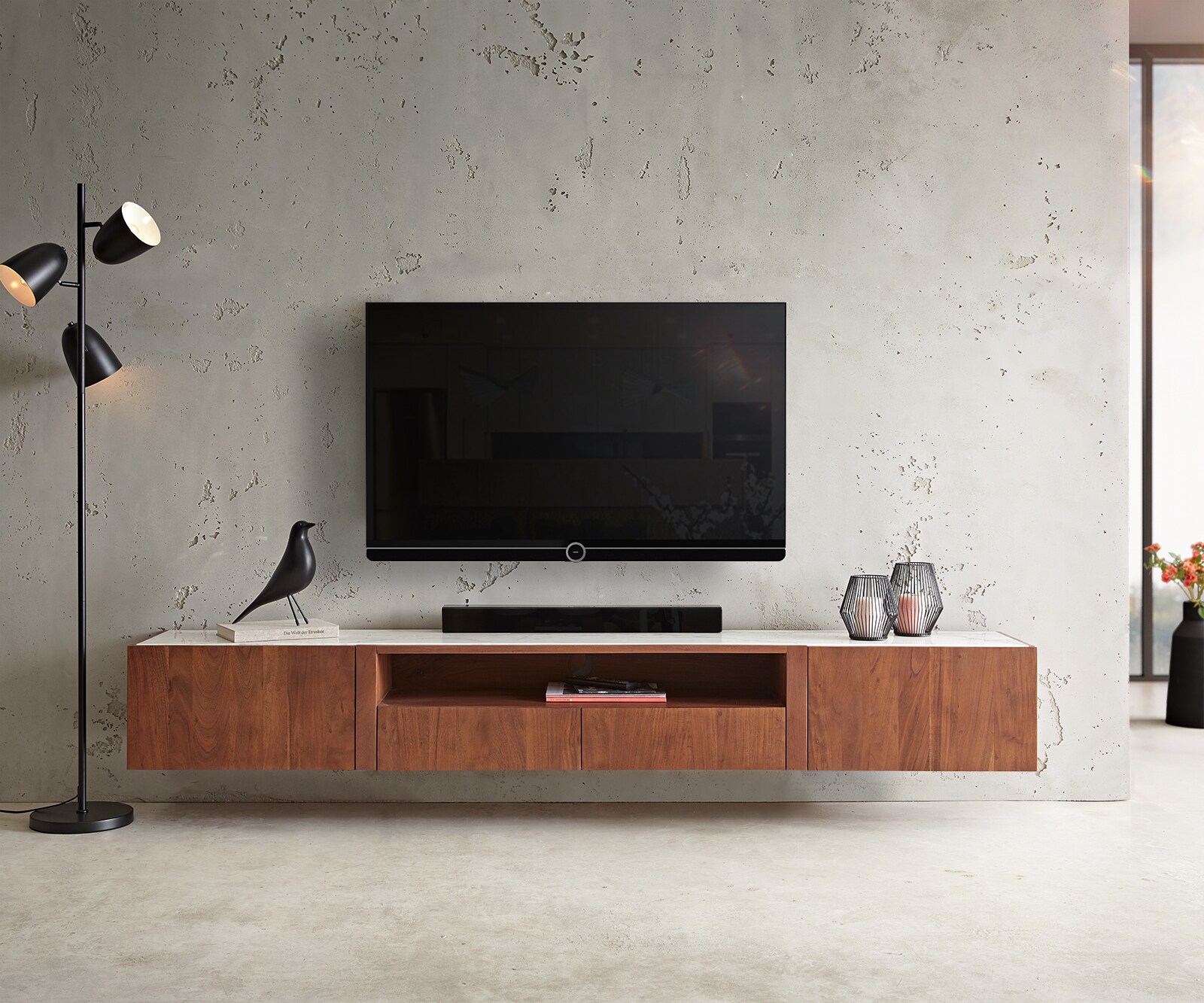 Bild von DELIFE Lowboard Secara 220 cm Akazie Braun 2 Türen 2 Schübe Marmor schwebend, Lowboards