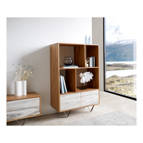 Bild von Highboard Kleo 90x130 cm Akazie Natur 2 Türen V-Fuß Edelstahl