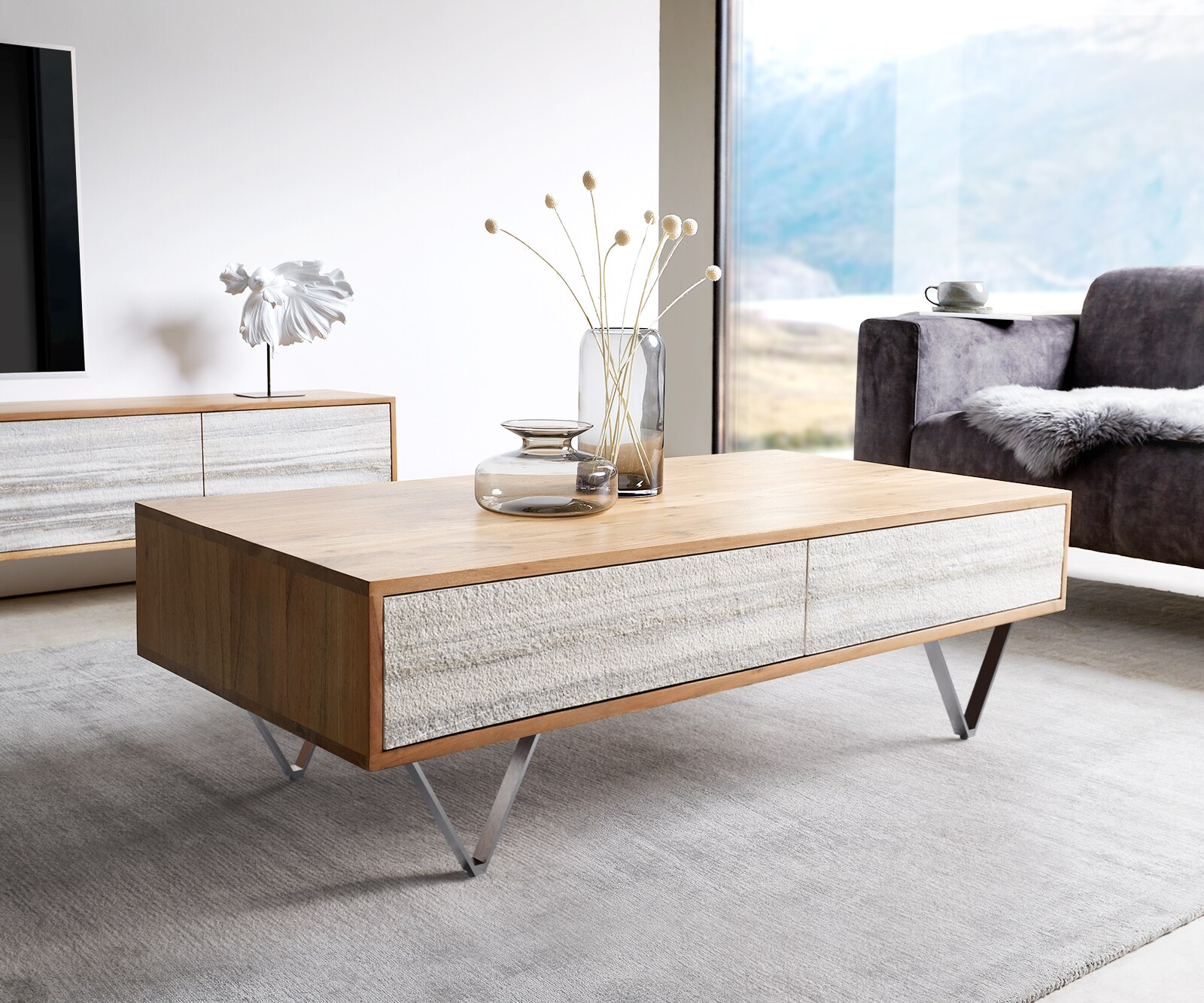 Bild von DELIFE Couchtisch Kleo 115x60 cm Akazie Natur 4 Schübe V-Fuß Edelstahl, Couchtische