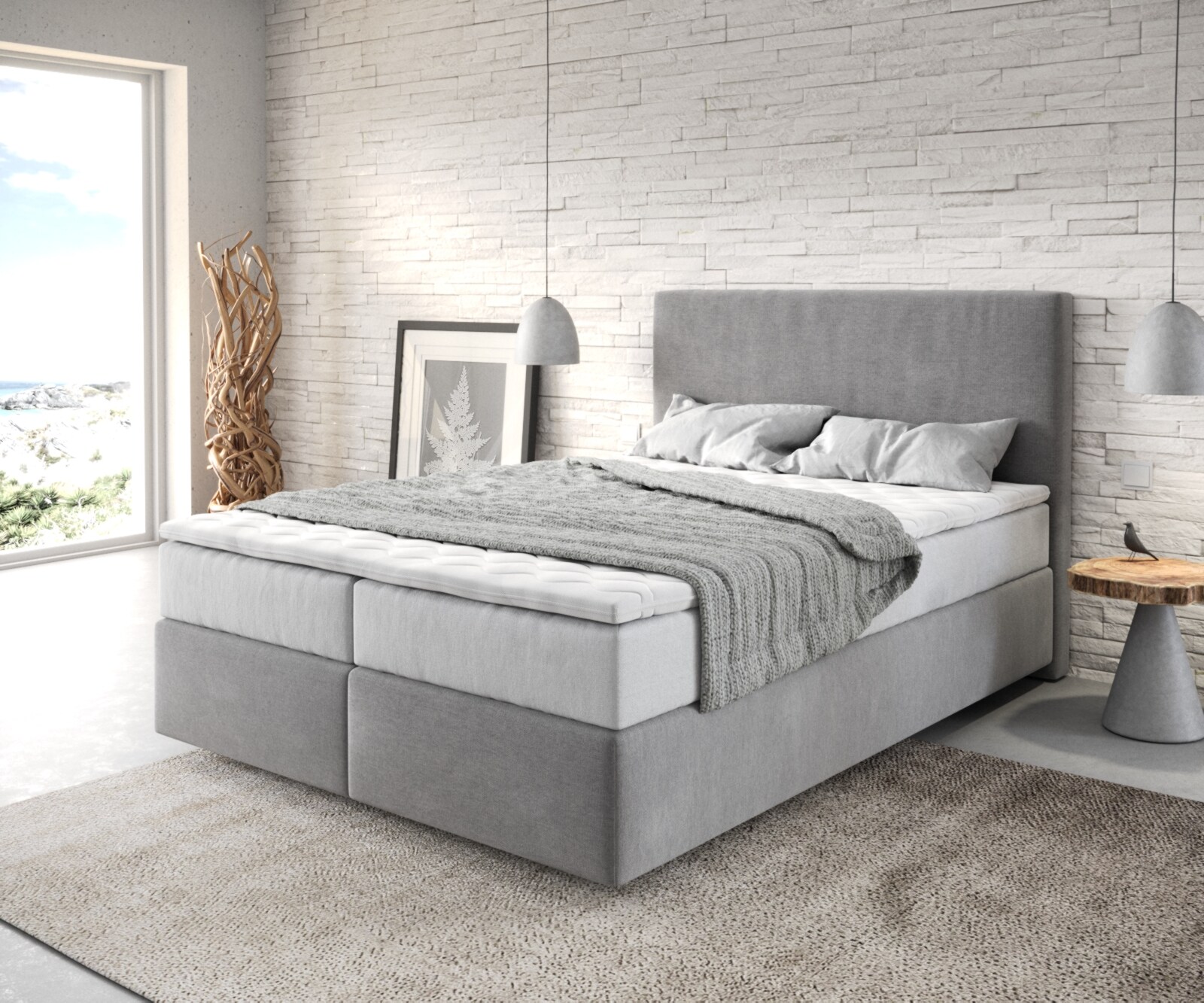 Bild von DELIFE Boxspringbett Dream-Well 140x200 cm Mikrofaser Grau mit TFK Matratze und Visco Topper, Boxspringbetten
