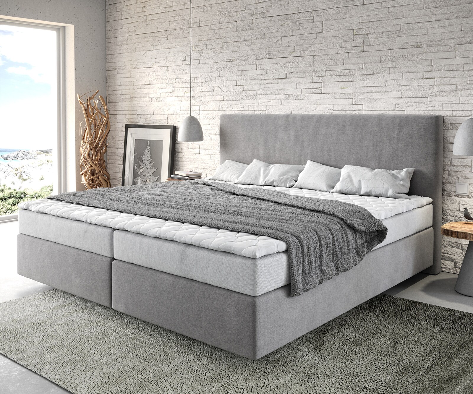 Bild von DELIFE Boxspringbett Dream-Well Mikrofaser Grau 200x200 cm Bonell-Matratze PU-Topper, Boxspringbetten
