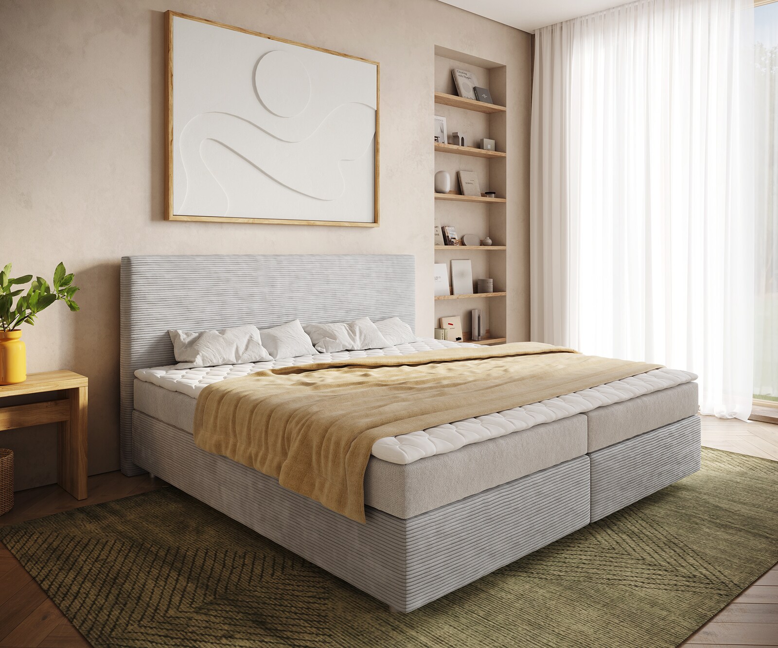 Bild von DELIFE Boxspringbett Dream-Well Cord Silbergrau 200x200 cm Bonell-Matratze PU-Topper, Boxspringbetten