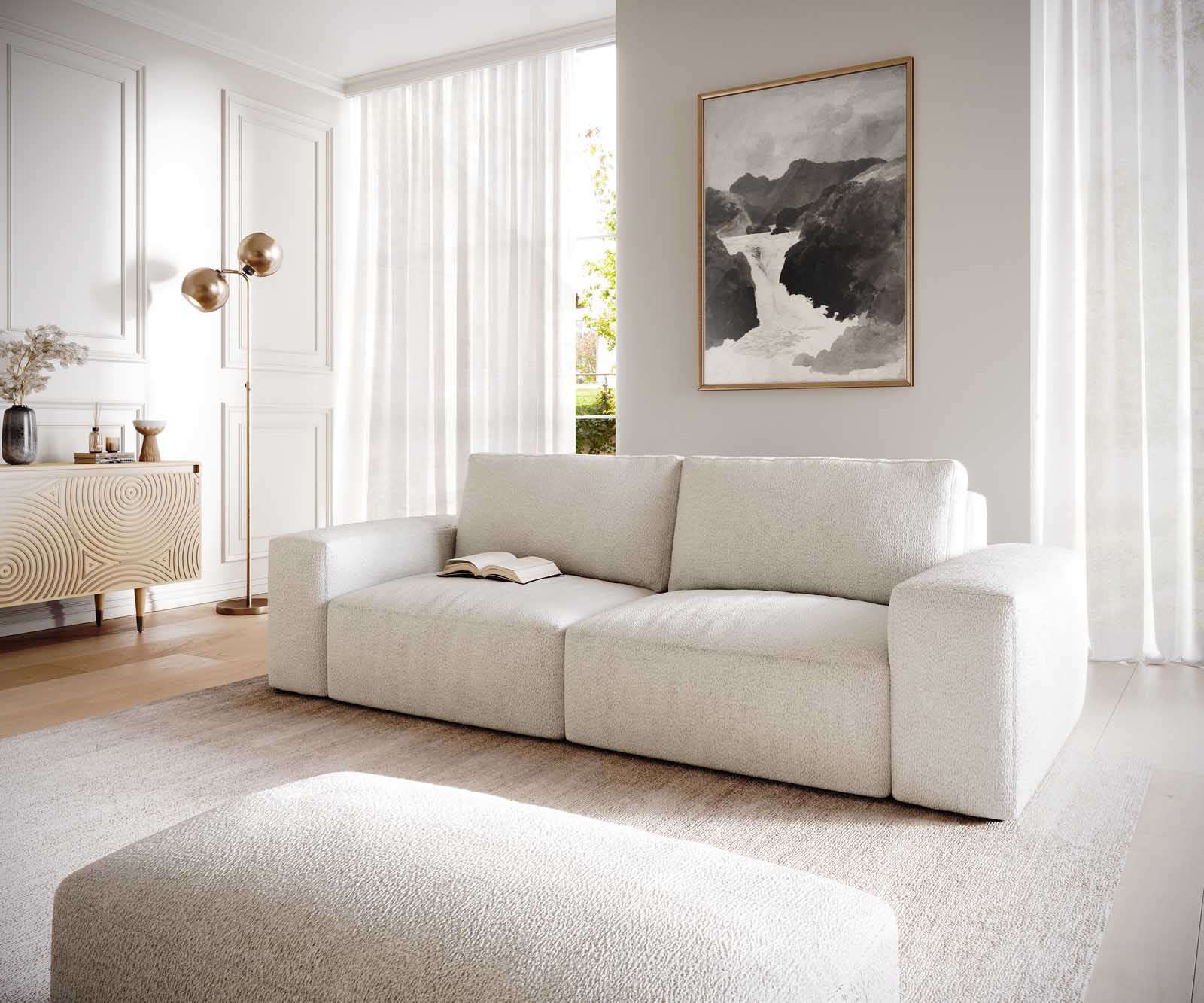 Bild von DELIFE Big-Sofa Lanzo L 260x110 cm Bouclé Creme-Weiß mit Hocker, Big Sofas