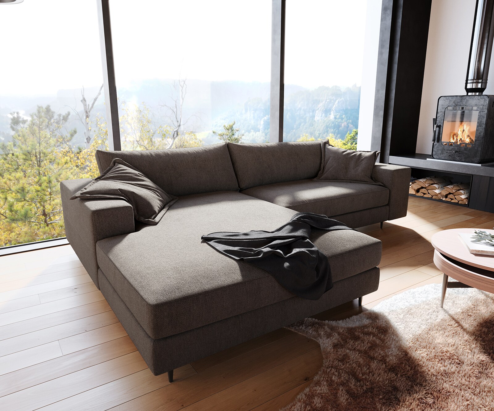Bild von DELIFE Eckcouch Fabrizia 295 x 205 cm Mikrofaser Khakibraun Recamiere links, Ecksofas