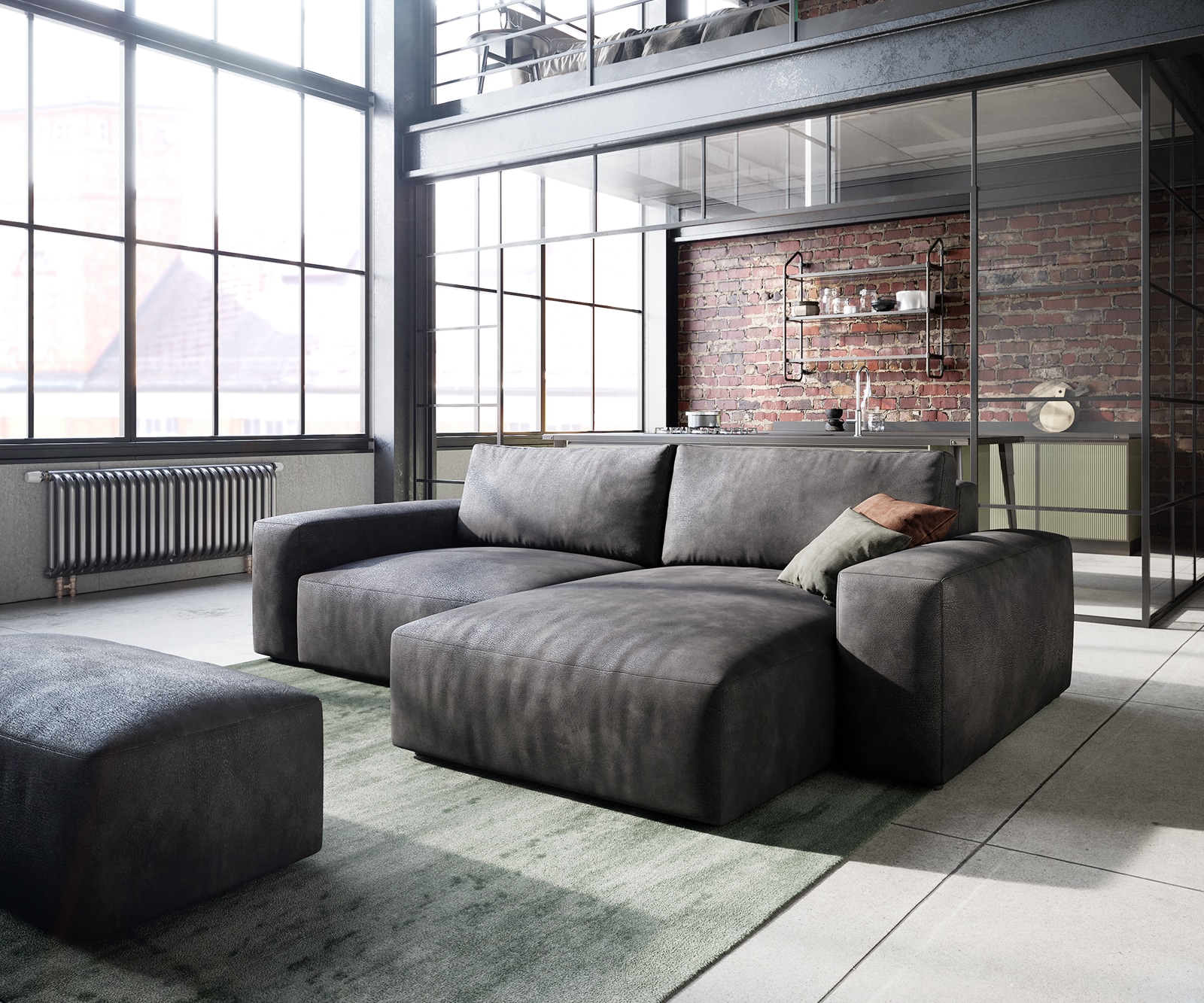 Bild von DELIFE Ecksofa Lanzo L 260x160 cm Lederimitat Vintage Anthrazit Recamiere variabel mit Hocker, Ecksofas