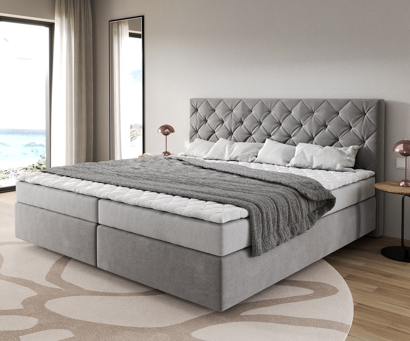 Bild von DELIFE Boxspringbett Dream-Great Mikrofaser Grau 200x200 cm Bonell-Matratze PU-Topper, Boxspringbetten