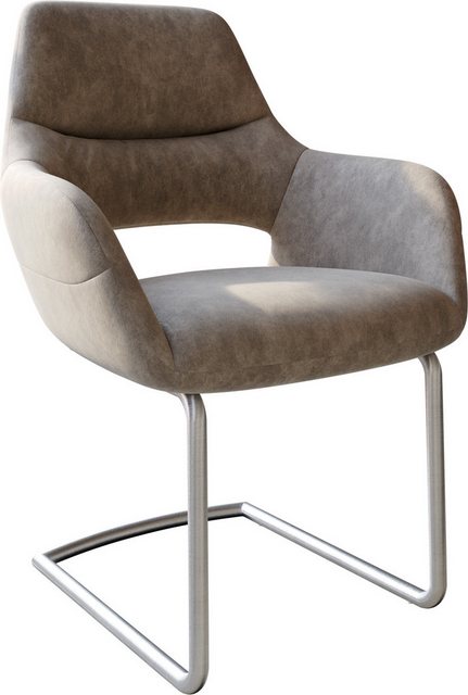 Bild von DELIFE Schwingstuhl Yago-Flex mit Armlehnen Taupe Vintage Freischwinger rund Edelstahl, Esszimmerstühle