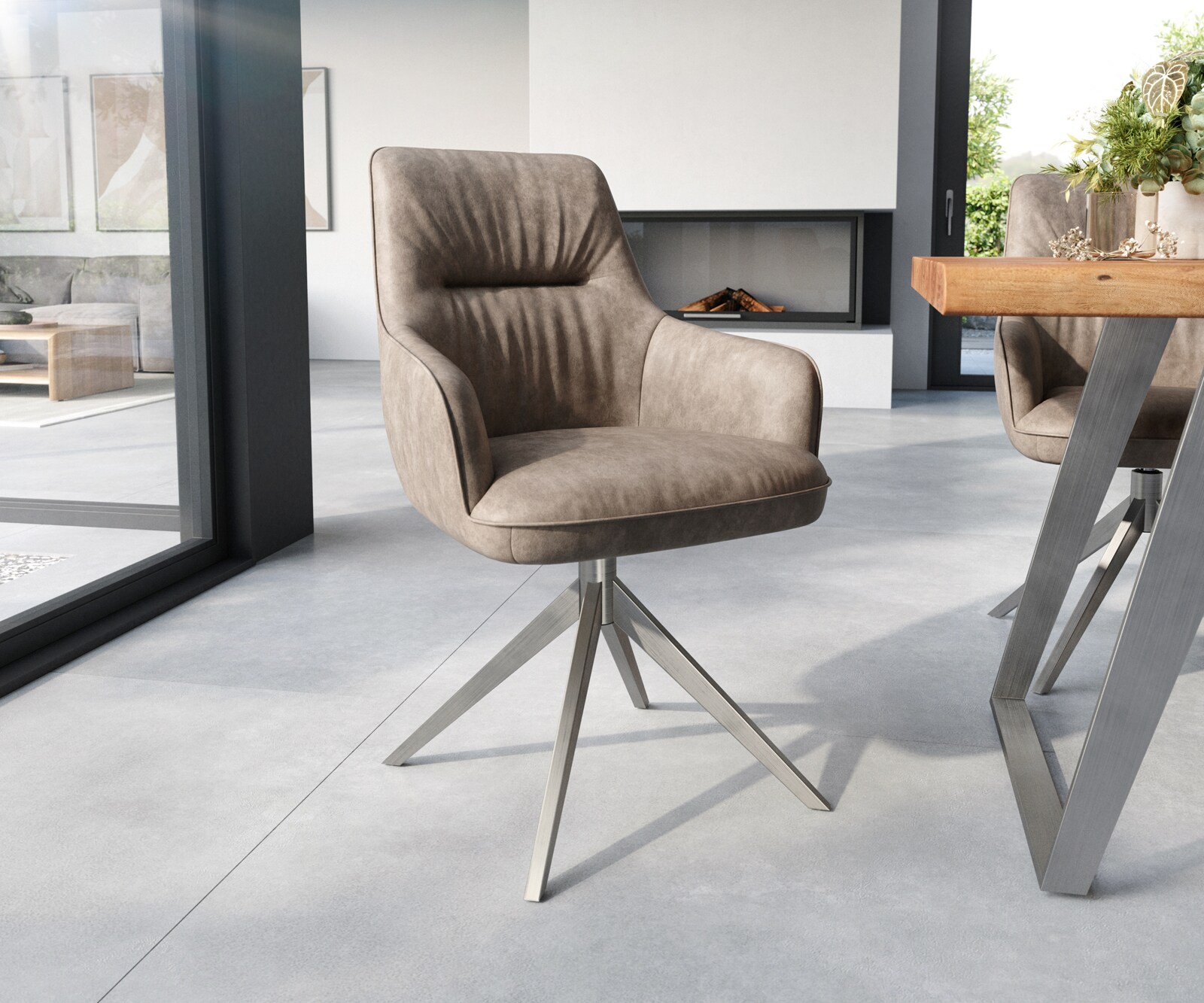 Bild von DELIFE Drehstuhl Zelia-Flex mit Armlehnen Taupe Vintage Kreuzgestell breit Edelstahl 360° drehbar Taschenfederkern, Esszimmerstühle