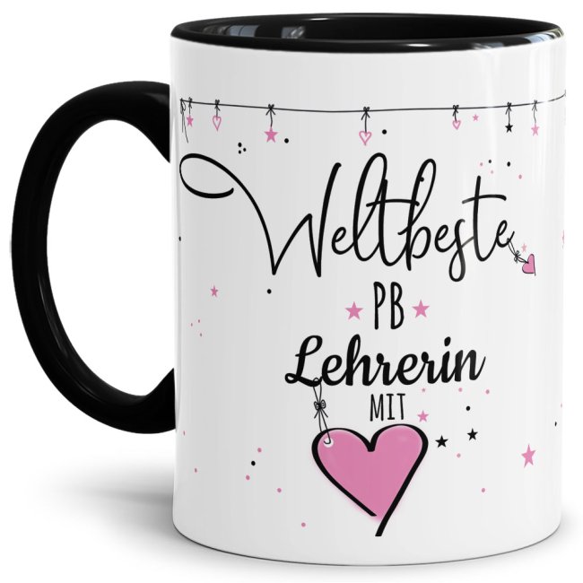 Bild von Tasse mit Spruch - Weltbeste Lehrerin mit Herz - PB - Innen & Henkel Schwarz