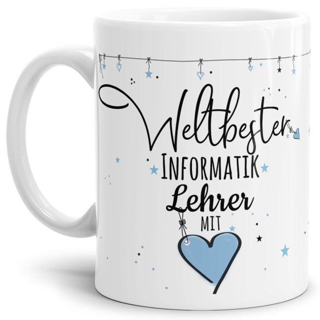 Bild von Tasse mit Spruch - Weltbester Lehrer mit Herz - Informatik - Weiß
