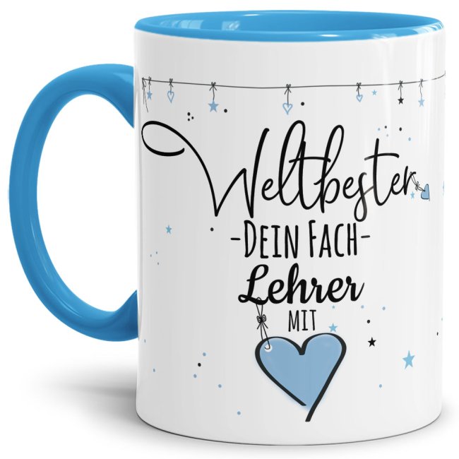 Bild von Tasse mit Spruch - Weltbester Lehrer mit Herz - Ihr Wunschfach - Innen& Henkel Hellblau