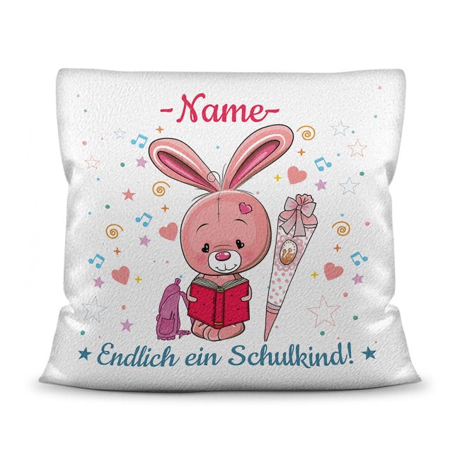 Bild von Kissen mit Füllung - Endlich ein Schulkind - Zur Einschulung für Mädchen - Hase - mit Wunschname - Kissen Polyester - Weiß flauschig