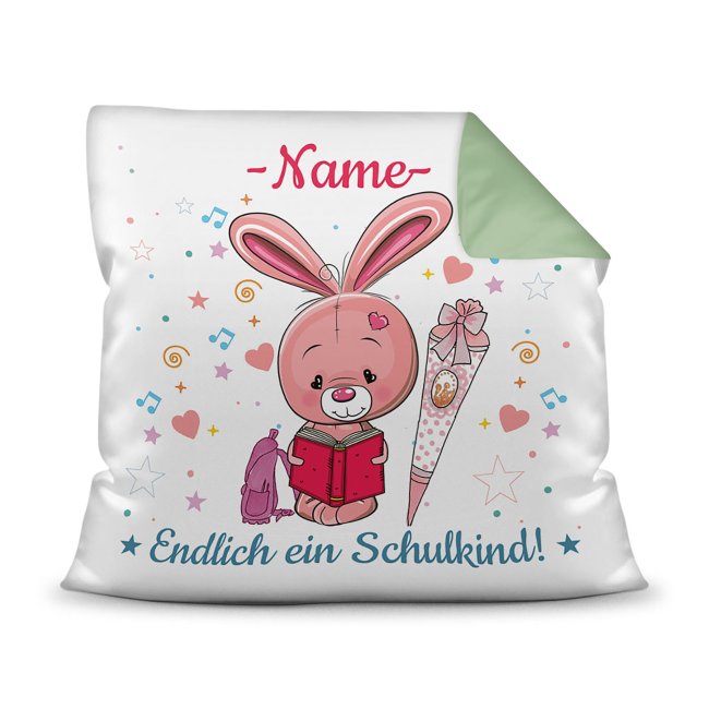 Bild von Kissen mit Füllung - Endlich ein Schulkind - Zur Einschulung für Mädchen - Hase - mit Wunschname - Farbkissen Rückseite Seegrün