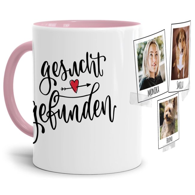 Bild von Tasse mit Spruch - Collage - Gesucht Gefunden - mit Fotos & Namen