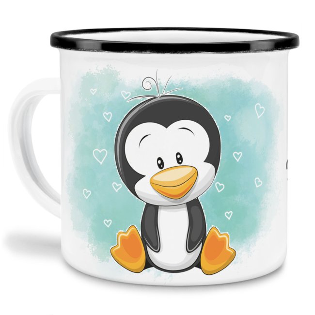 Bild von Kindertasse aus Emaille - Pinguin - mit Wunschname personalisierbar