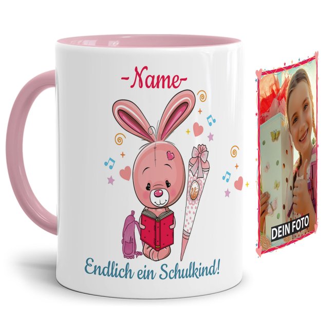 Bild von Tasse zur Einschulung für Mädchen - Hase - mit Foto und Name - Keramik Rosa