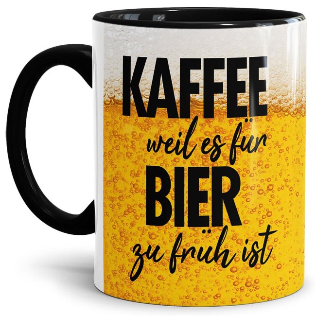Bild von Bier Tasse mit Spruch - Kaffee, weil es für Bier zu früh ist - Innen & Henkel Schwarz