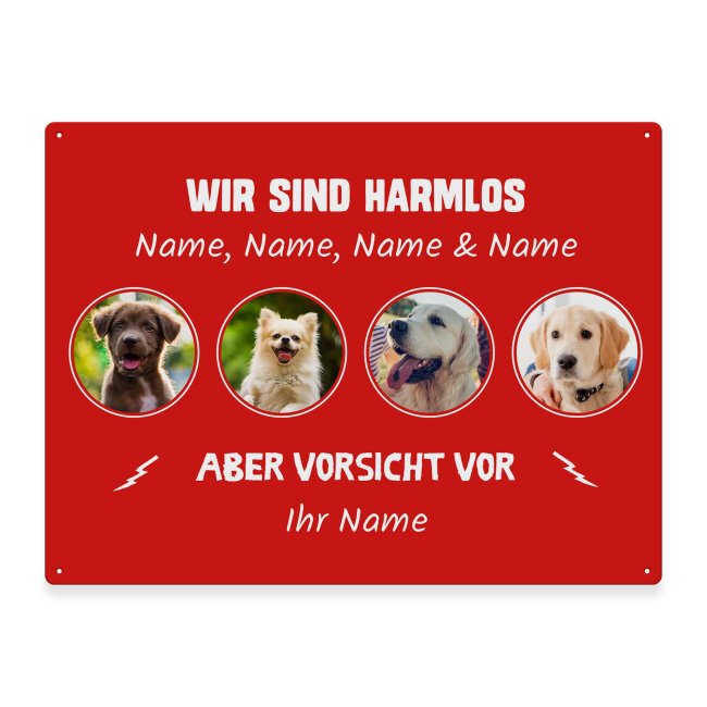 Bild von Hunde Schild personalisiert - Ich bin harmlos, aber Vorsicht vor - Metallschild mit Foto und Name für außen, wetterfestes Türschild für Hundebesitzer - DIN A5-21 x 15 cm, vier Tiere, rot