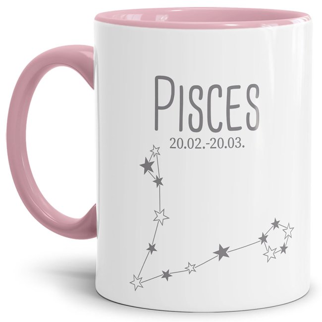 Bild von Sternzeichen Tasse - mit Datum & Symbol Fische - Innen & Henkel Rosa
