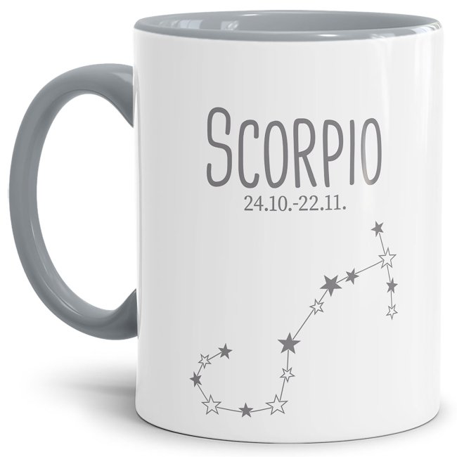 Bild von Sternzeichen Tasse - mit Datum & Symbol Skorpion - Innen & Henkel Grau