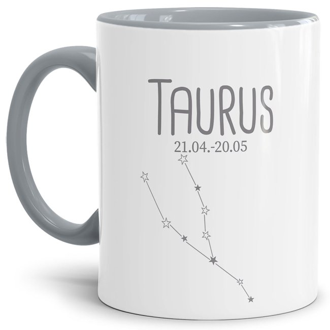 Bild von Sternzeichen Tasse - mit Datum & Symbol Stier - Innen & Henkel Grau