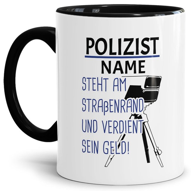 Bild von Berufe Tasse - Am Straßenrand und Geld verdienen - Lustige Polizei Tasse, Geschenk für Polizisten, Kollegen, Arbeit - Keramik Innen & Henkel Schwarz, 300 ml