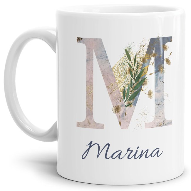 Bild von Personalisierbare Namenstasse mit Blumenbuchstabe M - Weiß