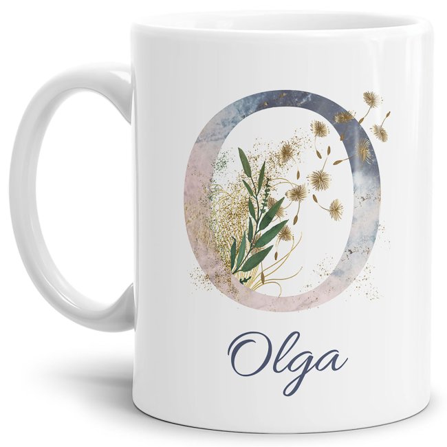 Bild von Personalisierbare Namenstasse mit Blumenbuchstabe O - Weiß