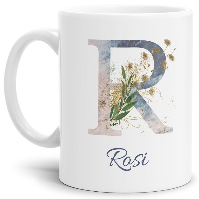 Bild von Personalisierbare Namenstasse mit Blumenbuchstabe R - Weiß matt