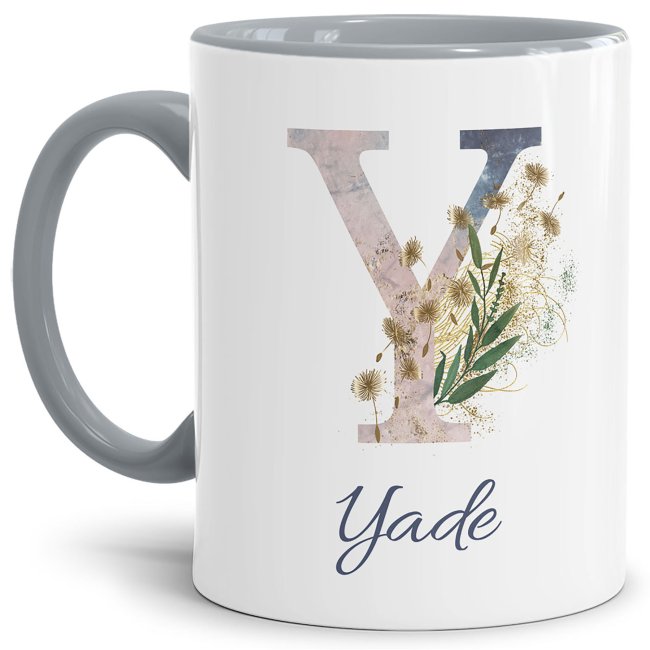 Bild von Personalisierbare Namenstasse mit Blumenbuchstabe Y - Innen & Henkel Grau