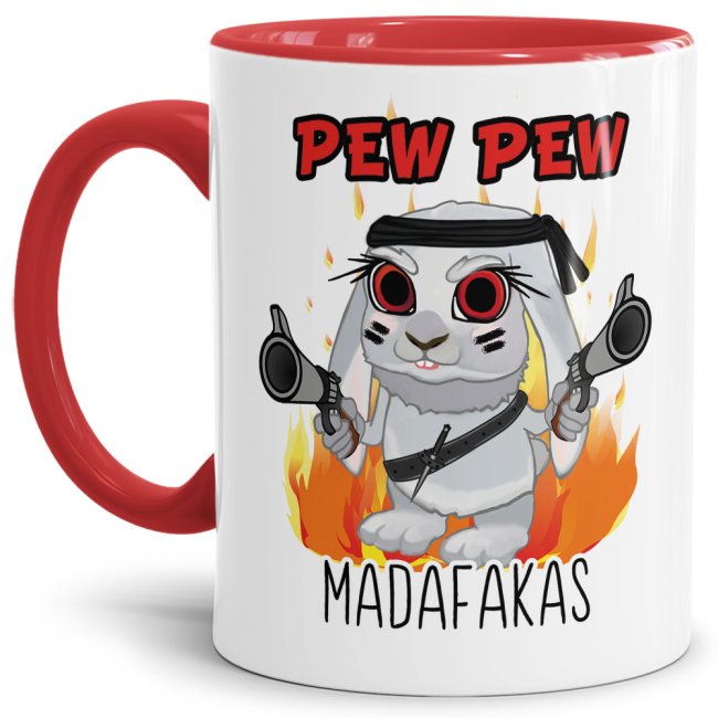 Bild von Tasse mit Spruch - Pew Pew Madafakas - Hase - Innen & Henkel Rot