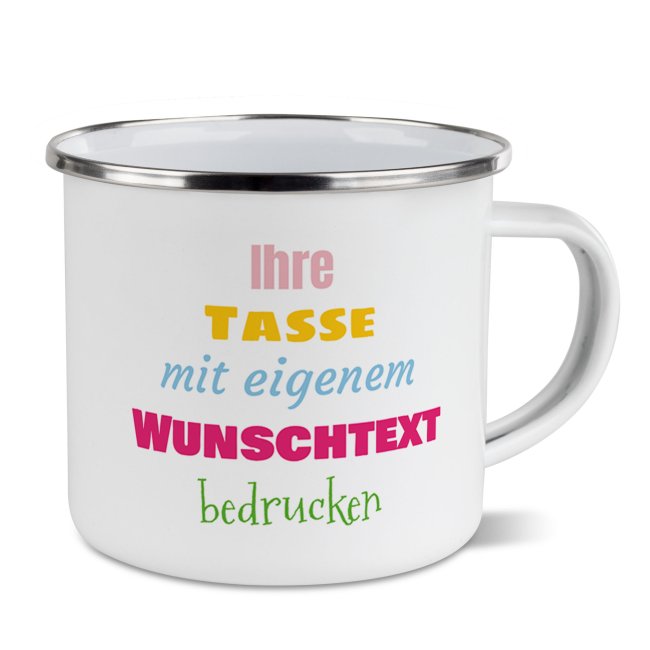 Bild von Emaille-Tasse mit Wunschtext - Rand Silber, 480 ml - Druck Rechts vom Henkel