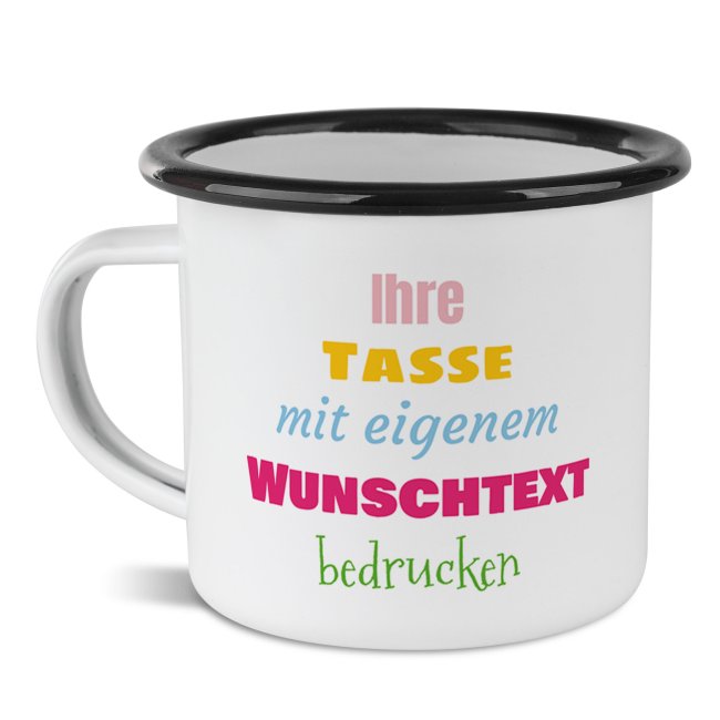 Bild von Emaille-Tasse mit Wunschtext - Rand Schwarz, 480 ml - Druck Links & Rechts vom Henkel
