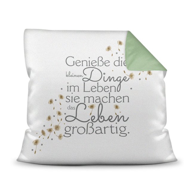 Bild von Kissen mit Spruch - Genieße die kleinen Dinge - Rückseite Grün
