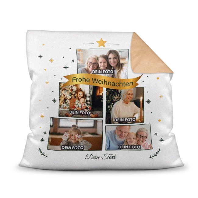 Bild von Kissen - Frohe Weihnachten - mit fünf Fotos und Wunschtext - Rückseite Mokka