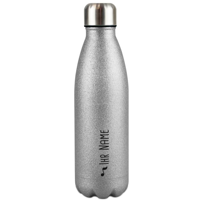 Bild von Trinkflasche aus Edelstahl mit Glitzer - mit Name - Symbol Note - Silber