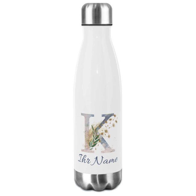 Bild von Buchstaben-Trinkflasche aus Edelstahl - mit Blumenmotiv Buchstabe K - 500 ml